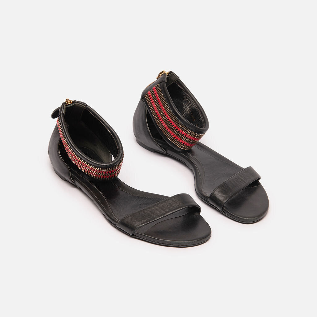 Alexander McQueen Black Leather Beaded Ankle Strap Sandal