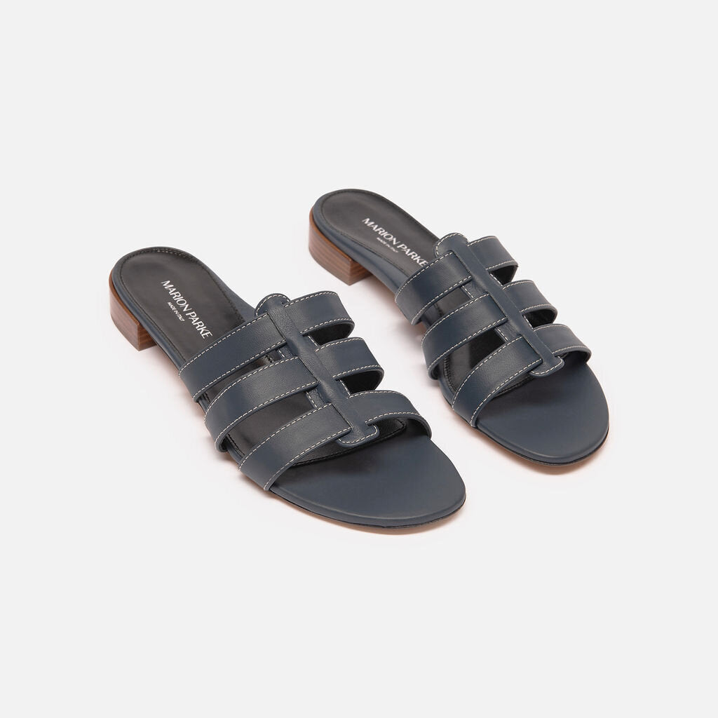 Marion Parke Navy Leather Slide Sandals
