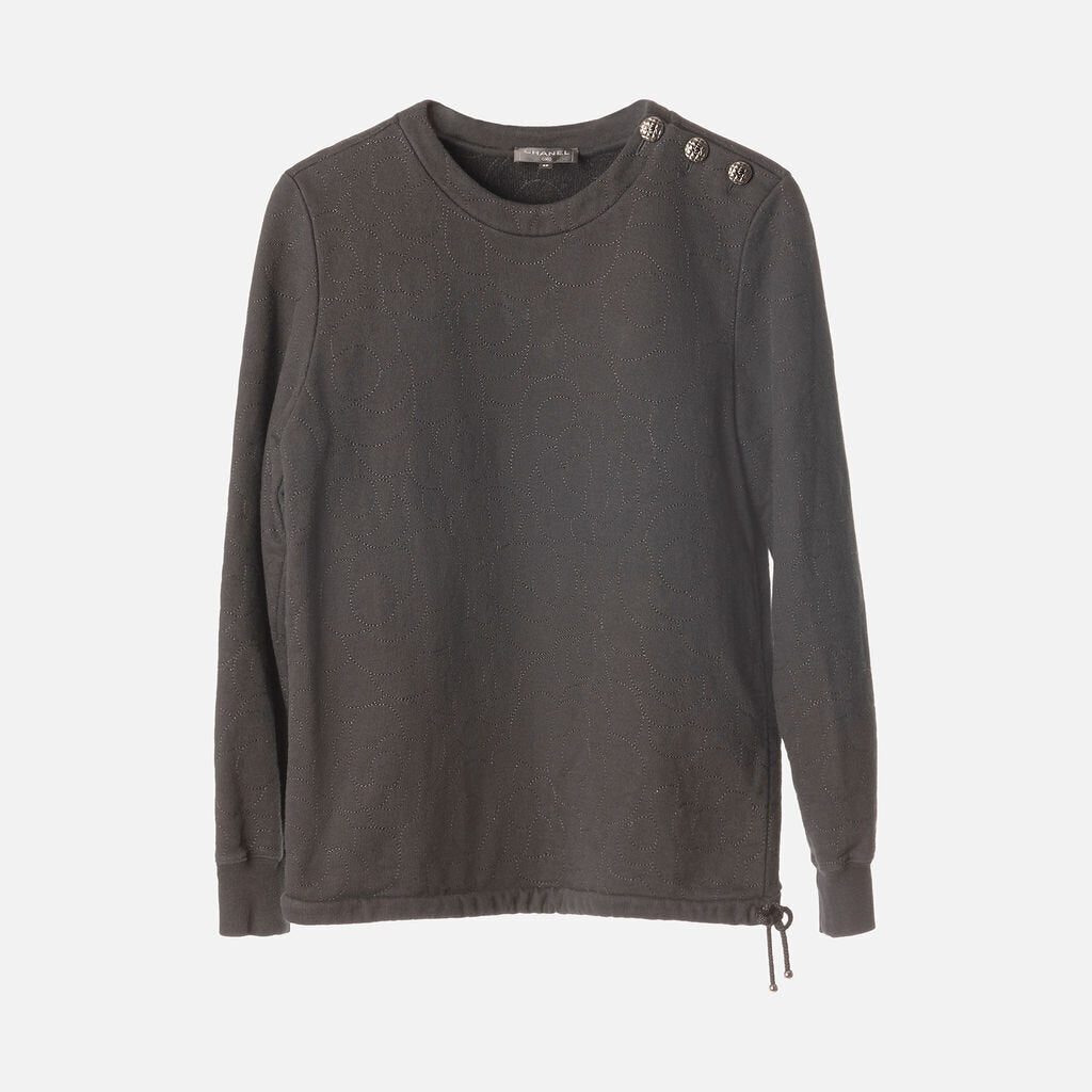 Black Cotton Embroidered Camellia Sweater