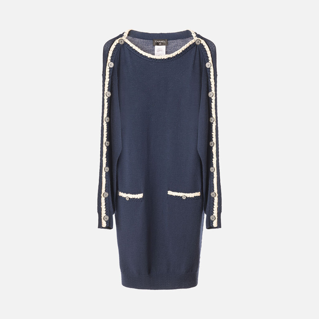 Chanel Navy and Cream Wool Midi Dress