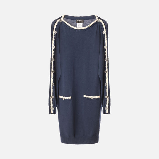 Chanel Navy and Cream Wool Midi Dress