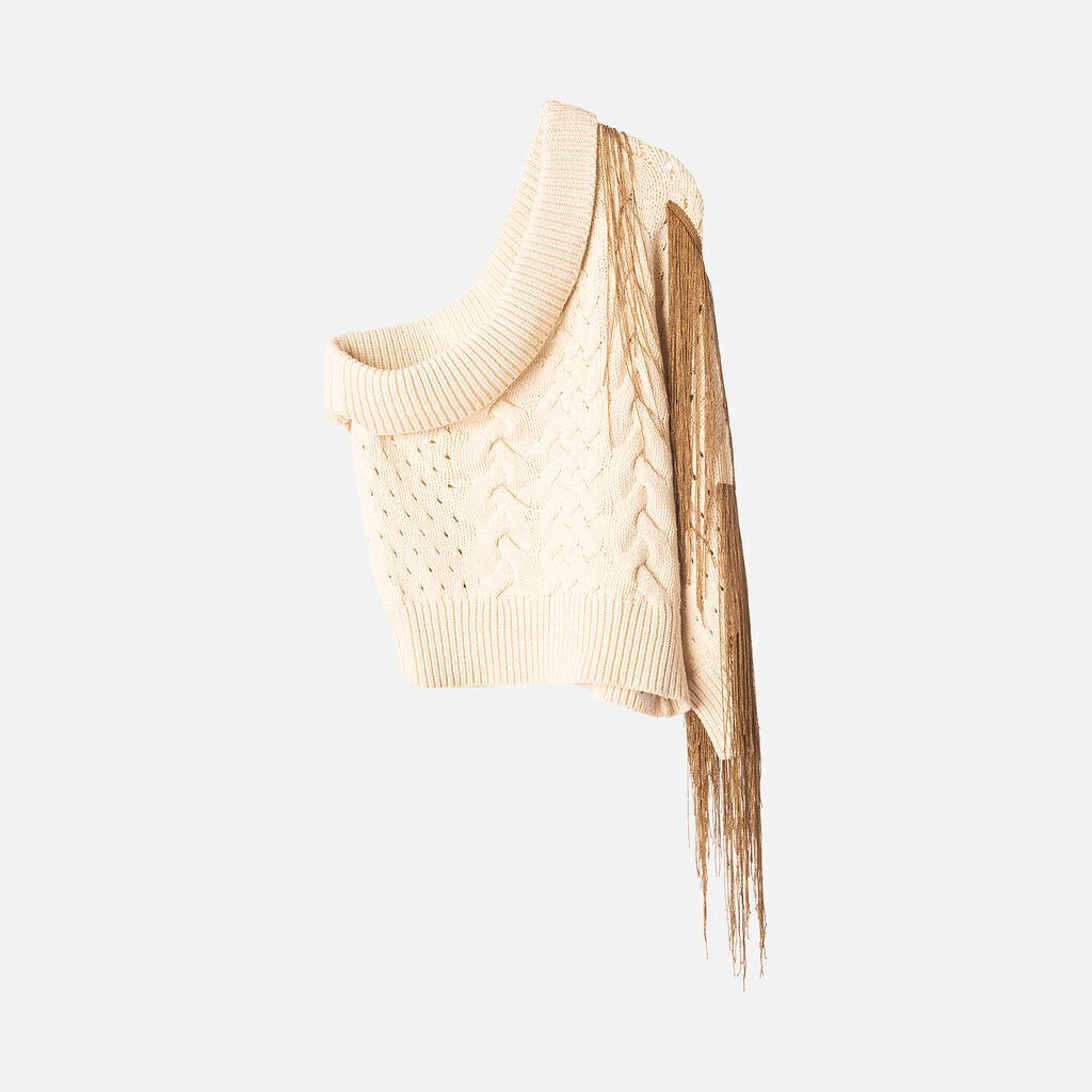 Hellessy Cream Cotton Knit Fringe Sweater