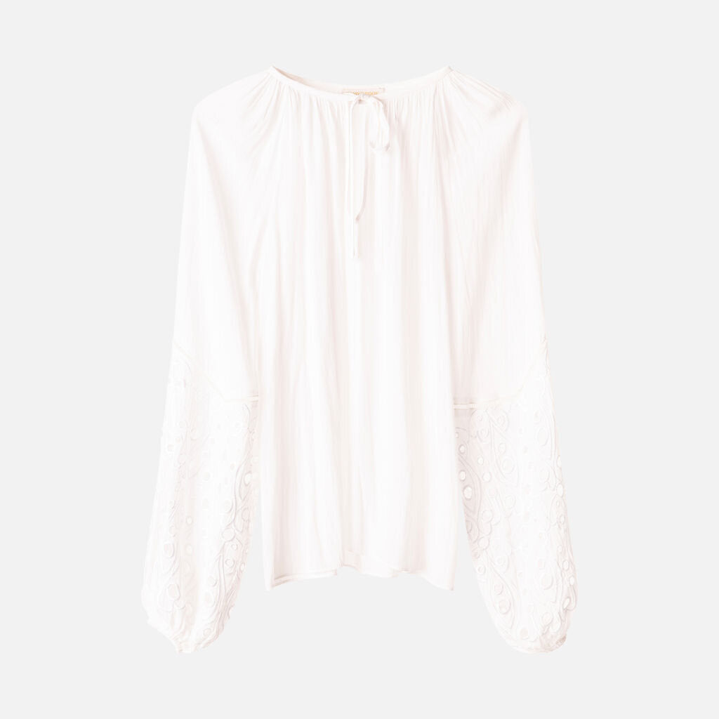 Ramy Brook White Poly Eyelet Long Sleeve Top