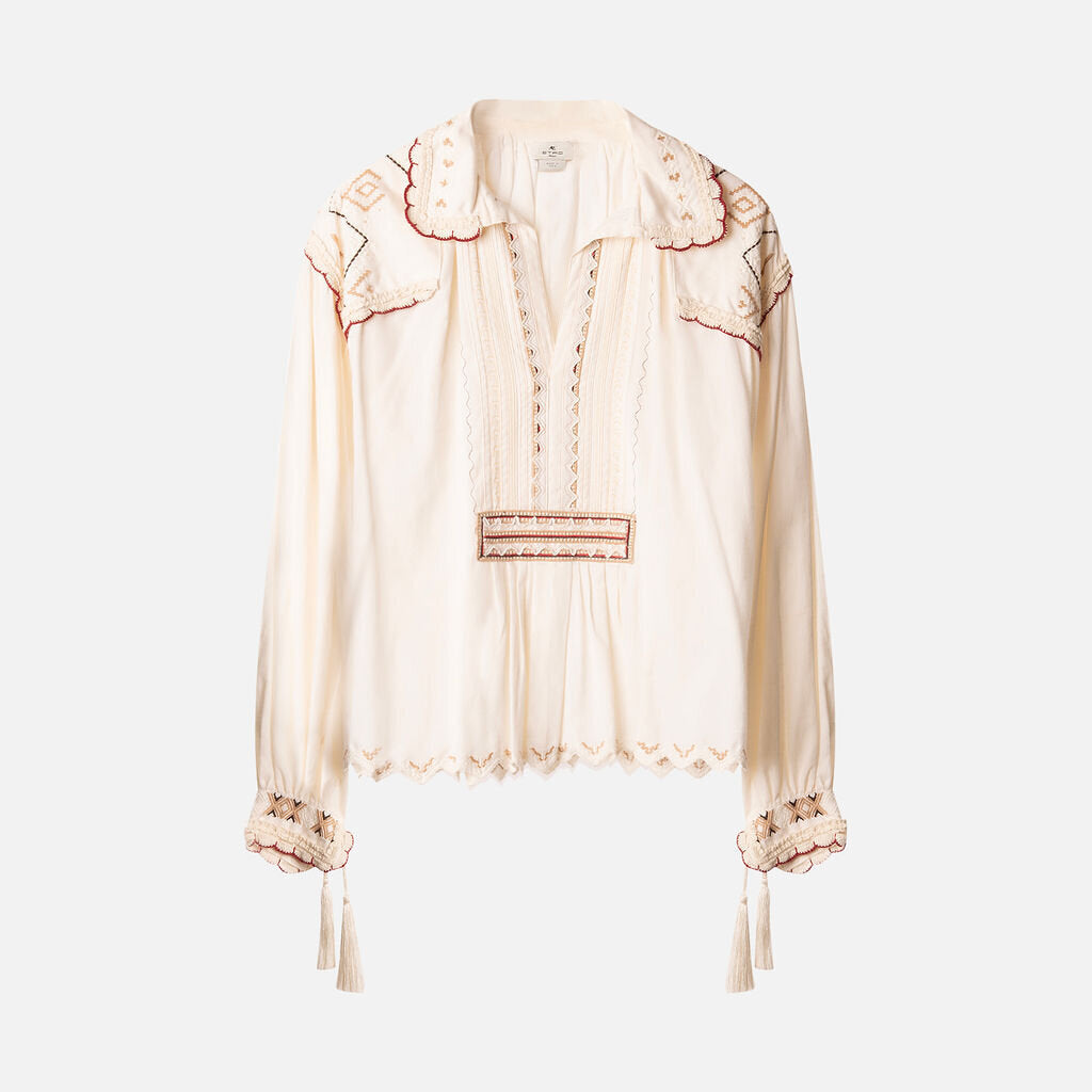Etro Cream Cotton Embroidered Boho Blouse