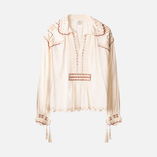 Etro Cream Cotton Embroidered Boho Blouse