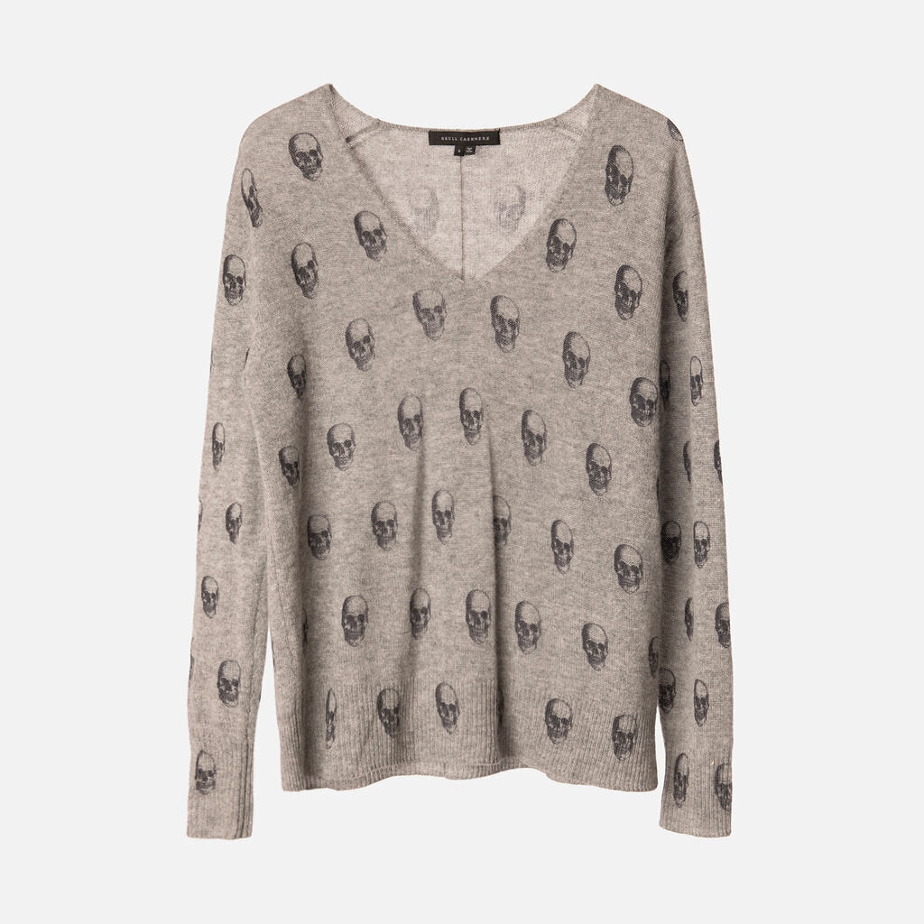 Skull Cashmere Grey Skull V Neck Sweater