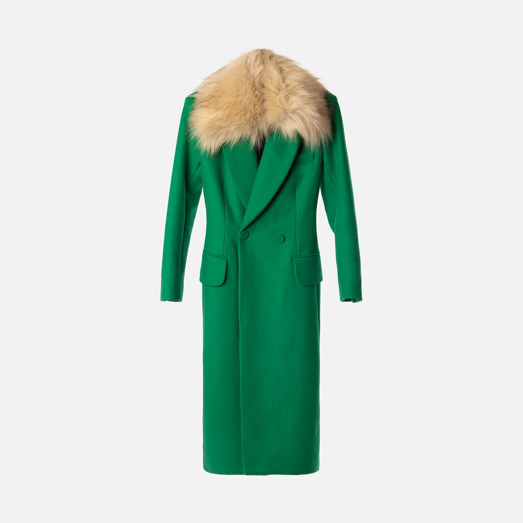 Khaite Emerald Green Wool Coat with Faux Fur Collar