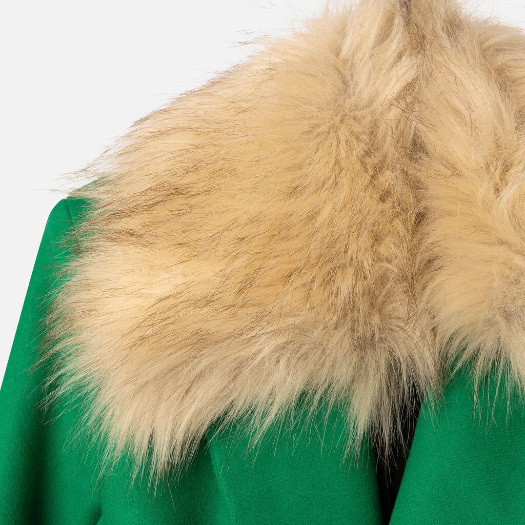 Khaite Emerald Green Wool Coat with Faux Fur Collar