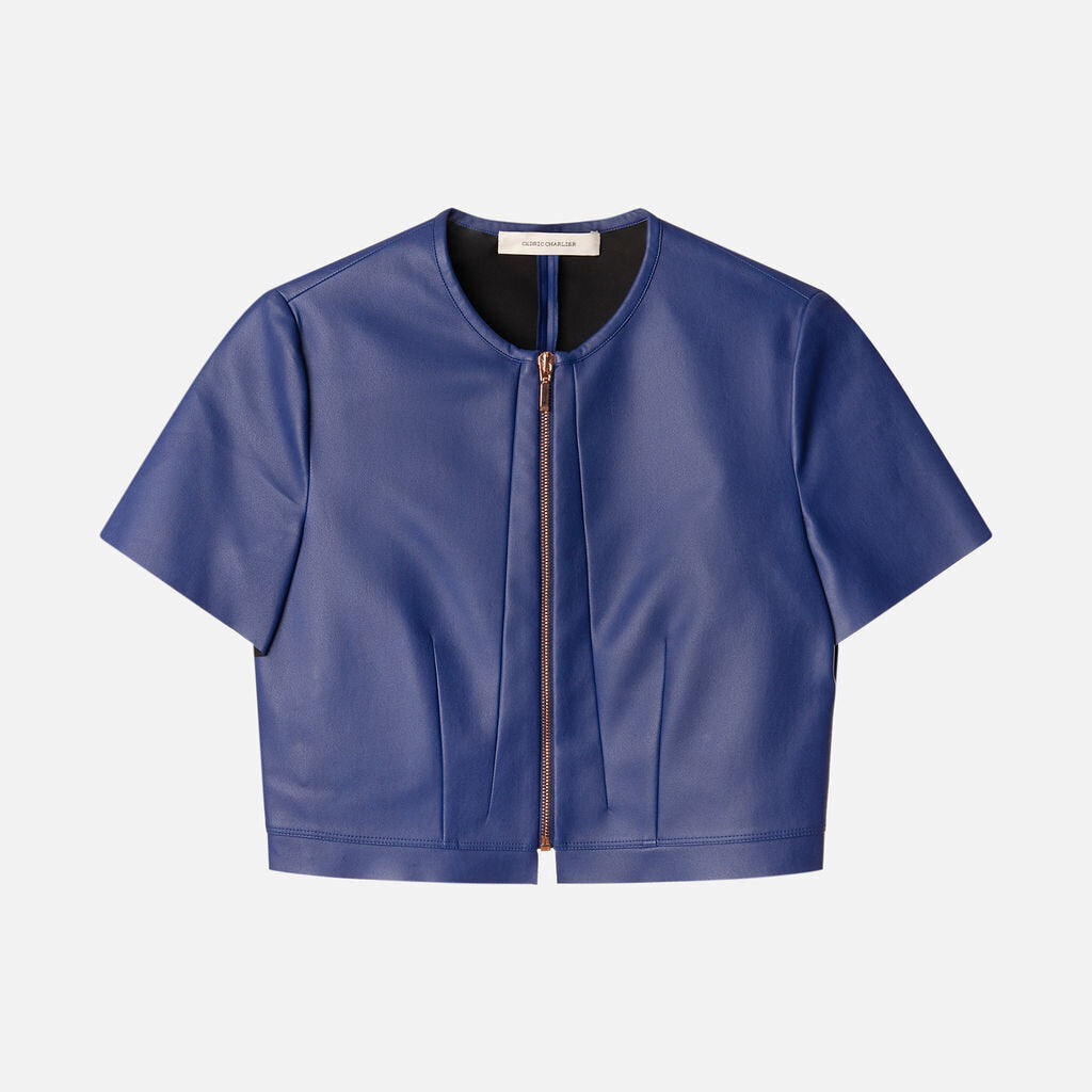 Cedric Charlier Blue Faux Leather Crop Top