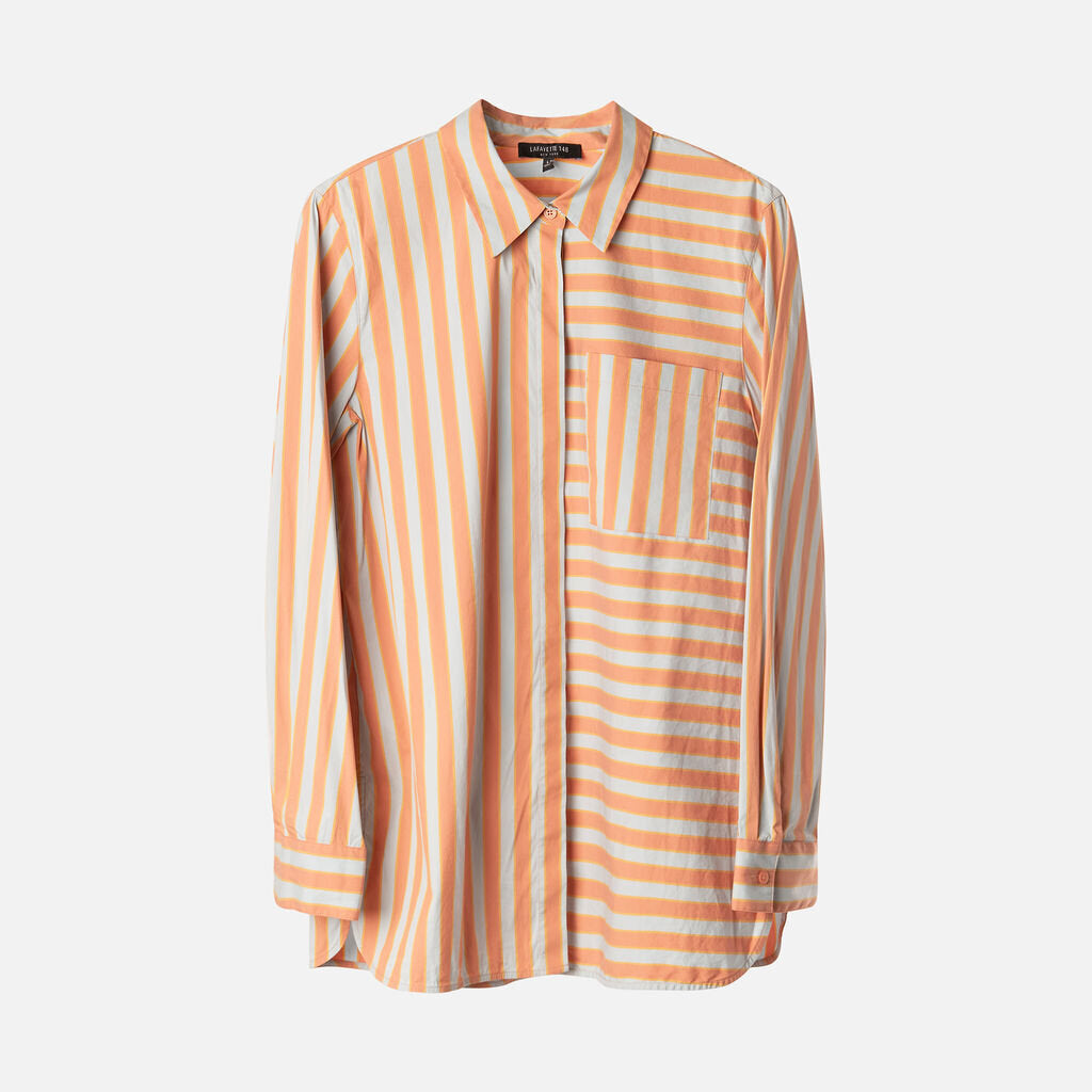 Lafayette 148 Blue & Orange Cotton Striped Shirt