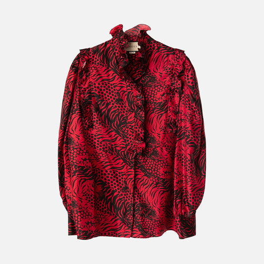 Gucci Red & Black Silk Tiger Print Blouse