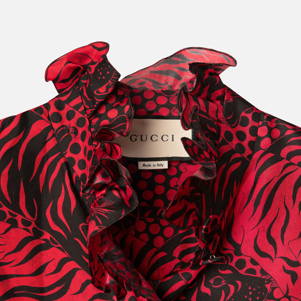 Gucci Red & Black Silk Tiger Print Blouse