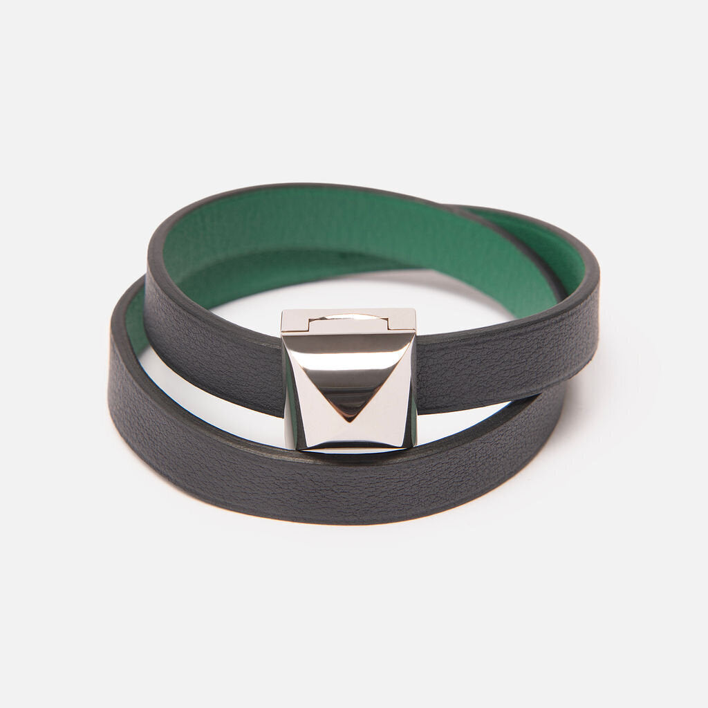 Hermes Black & Green Leather Wrap Bracelet