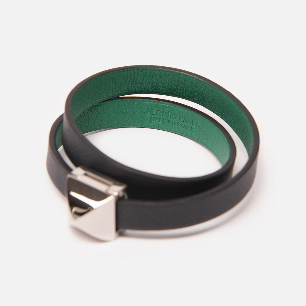 Hermes Black & Green Leather Wrap Bracelet