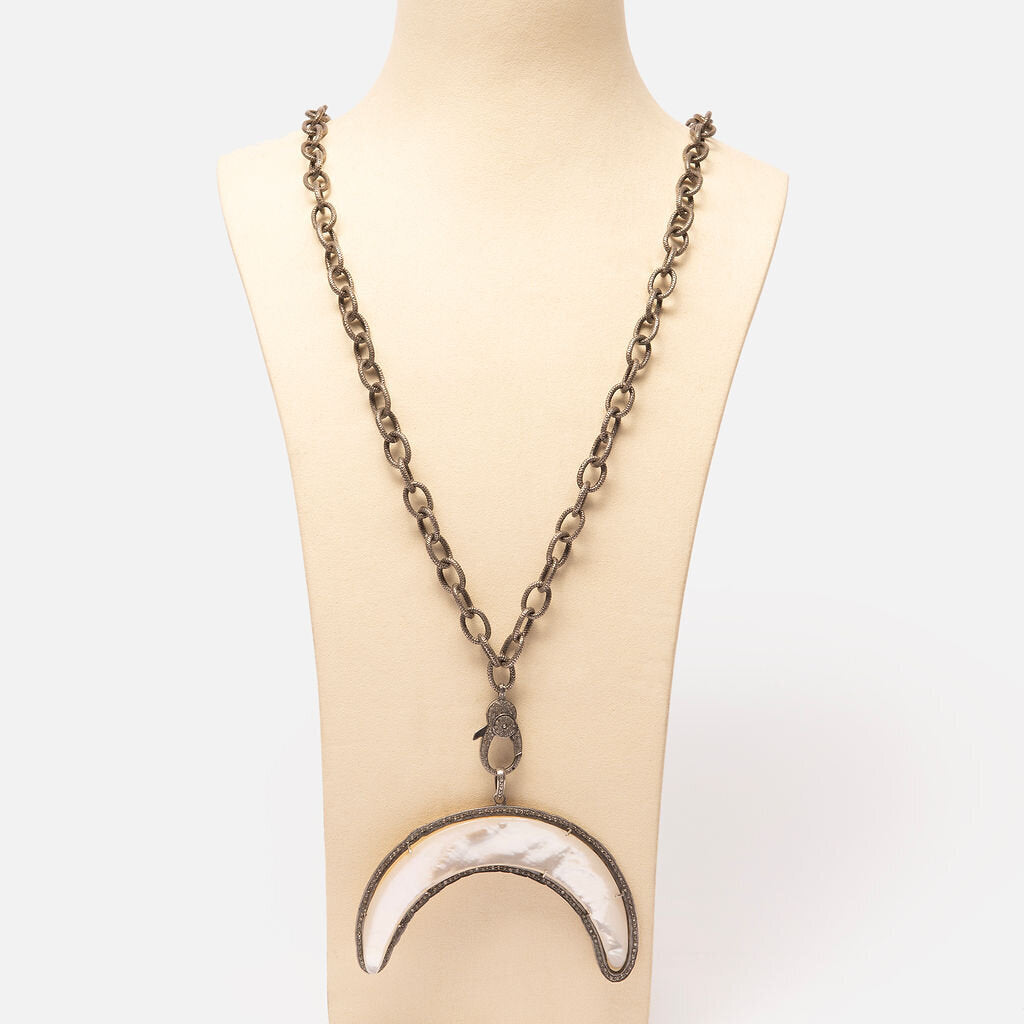 Oxidized Sterling Mother of Pearl Crescent Moon Necklace