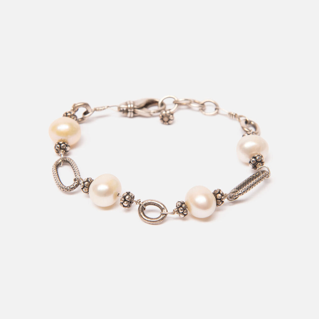 Sterling Silver Fresh Water Pearl link Chain Bracelet