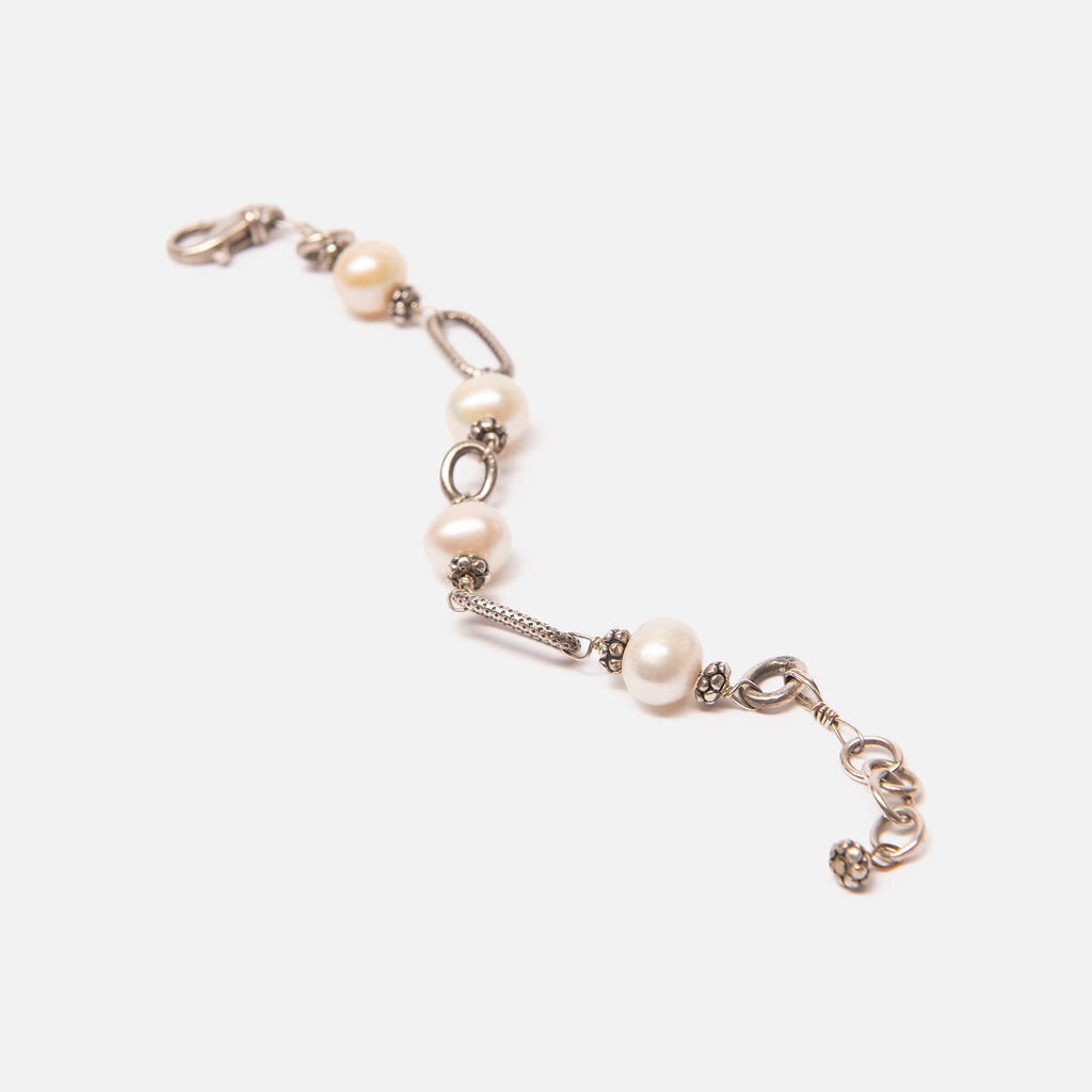 Sterling Silver Fresh Water Pearl link Chain Bracelet