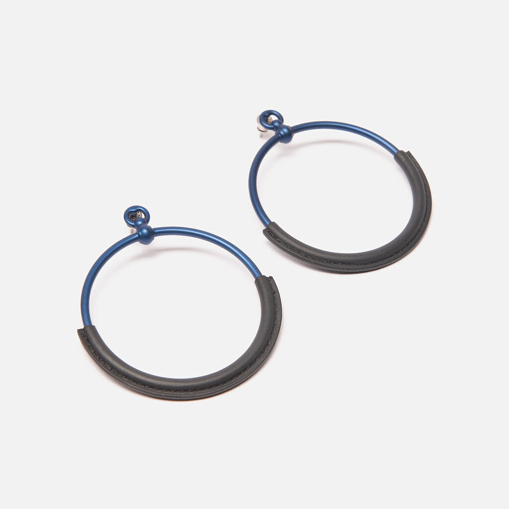 Hermes Blue Aluminum Palladium Plated Leather Loop Earrings