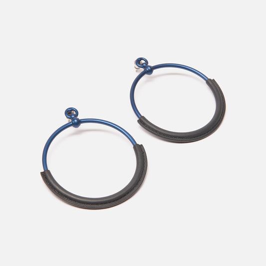 Hermes Blue Aluminum Palladium Plated Leather Loop Earrings