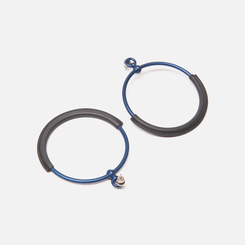 Hermes Blue Aluminum Palladium Plated Leather Loop Earrings