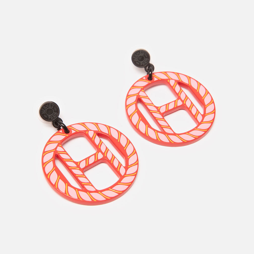 Hermes Pink & Red Lacquered H Equipe Nautique Earrings