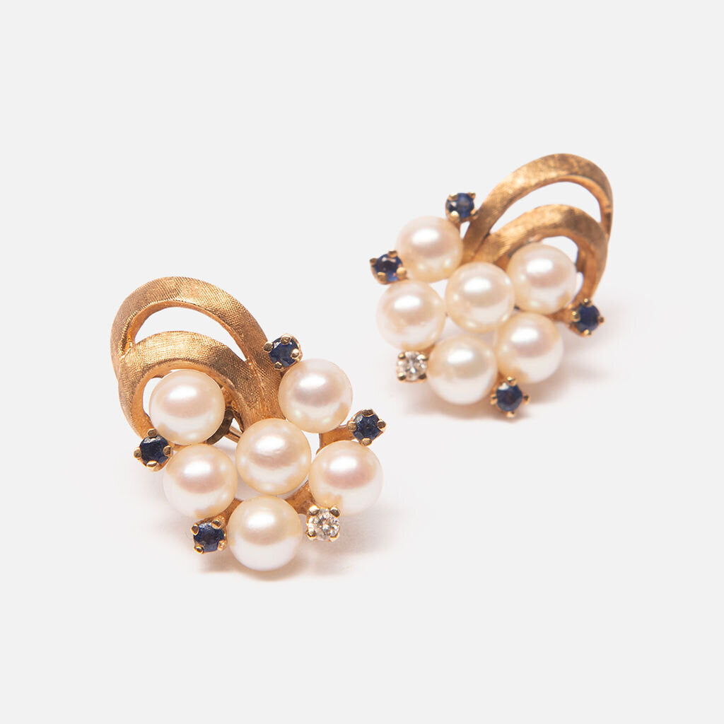 14kyg Pearl, Sapphire, Diamond Cluster Earrings