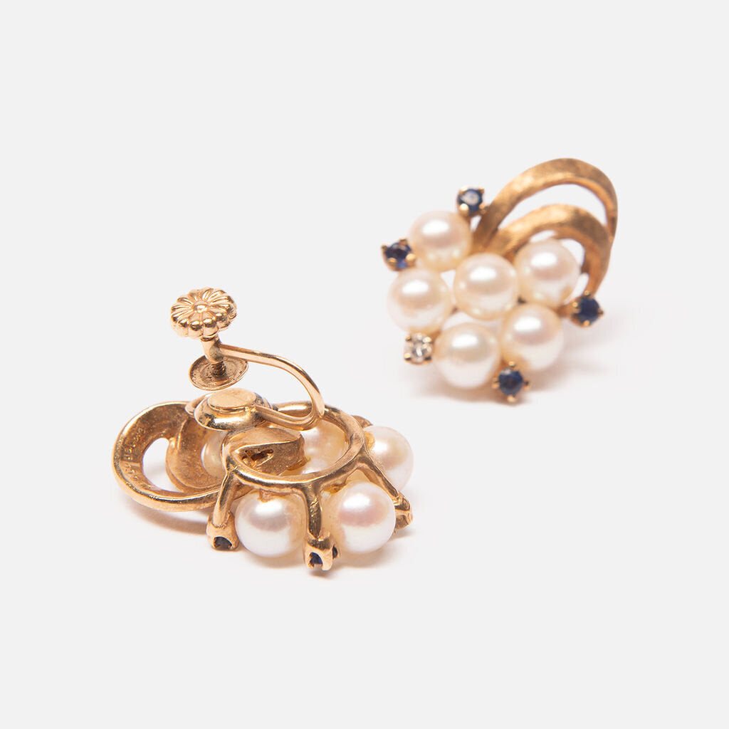 14kyg Pearl, Sapphire, Diamond Cluster Earrings