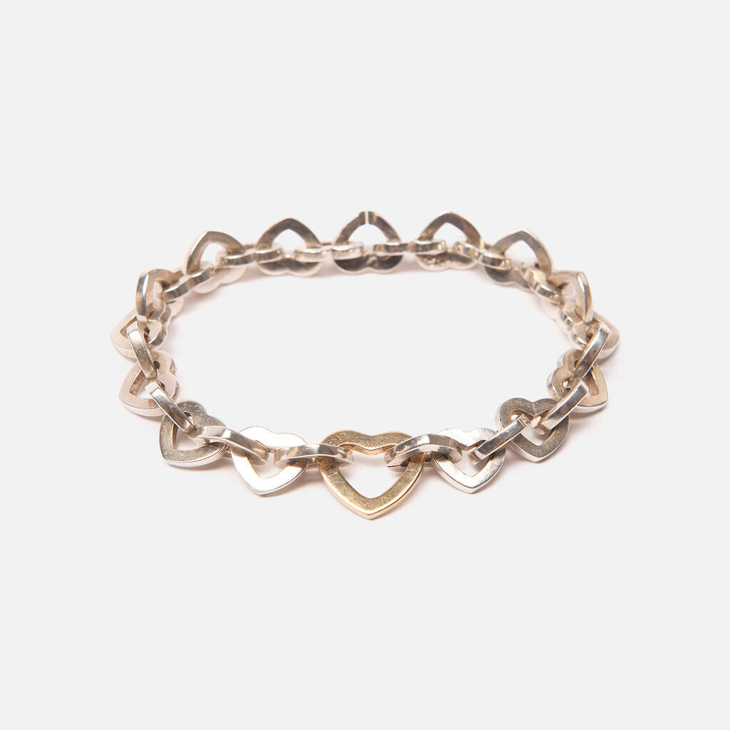Vintage Sterling Silver & 18k Yellow Gold Heart Link Bracelet