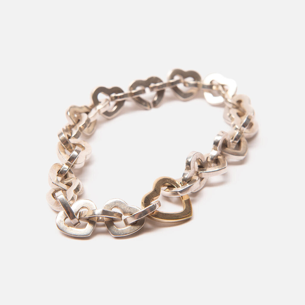 Vintage Sterling Silver & 18k Yellow Gold Heart Link Bracelet