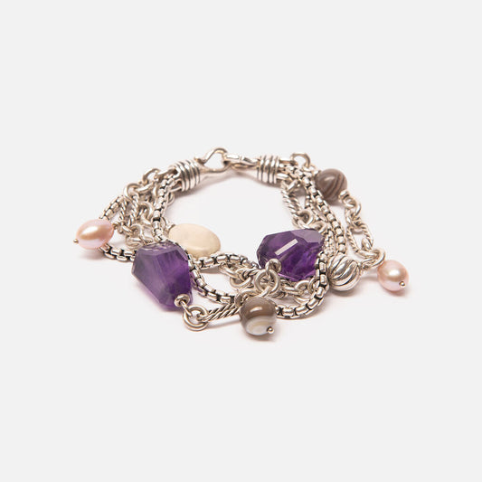 David Yurman Sterling, Amethyst, Pearl & Mirano Glass 4 Row Bracelet