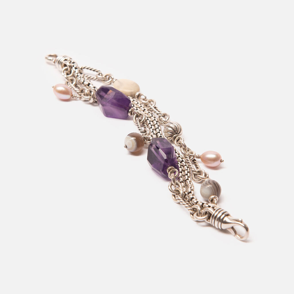 David Yurman Sterling, Amethyst, Pearl & Mirano Glass 4 Row Bracelet