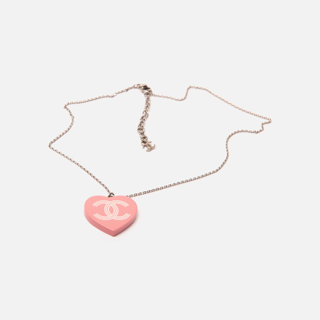 Chanel COCO Mark Pink Plastic & Silver Necklace