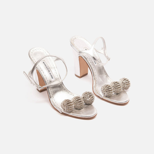 Manolo Blahnik Silver Metallic Leather & Crystal Strap Heels