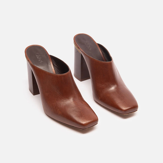 Chloe Brown Leather Heeled Mules