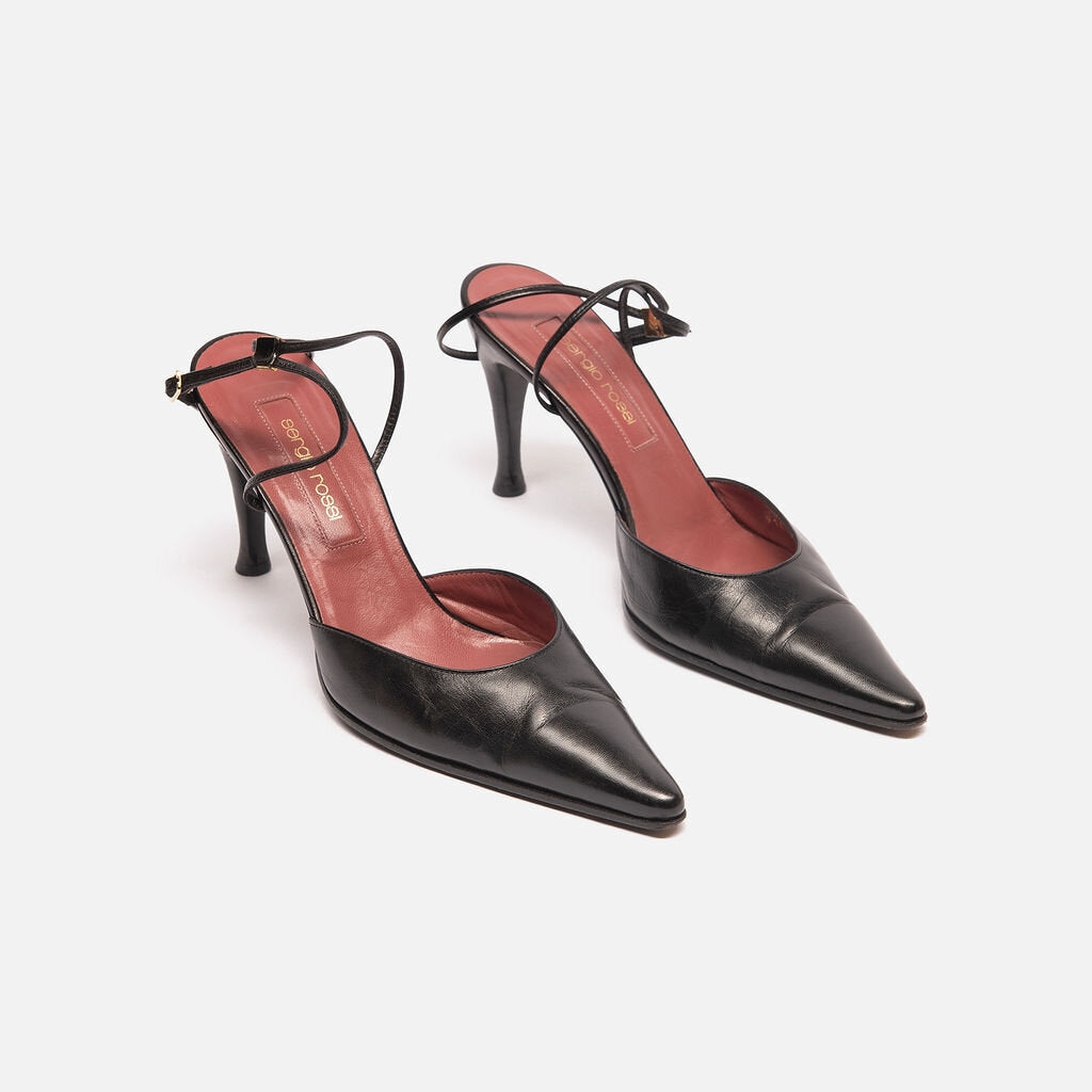 Sergio Rossi Black Leather Ankle Wrap Heel