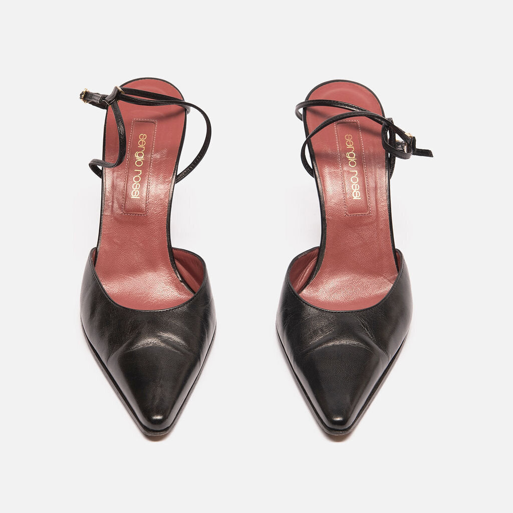 Sergio Rossi Black Leather Ankle Wrap Heel