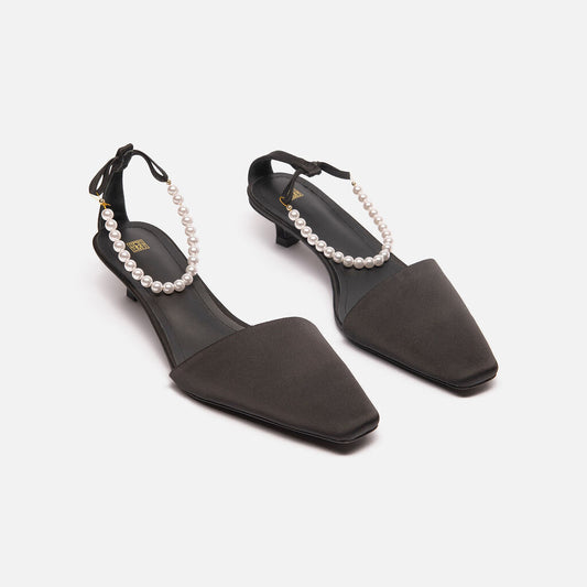 Toteme Black Satin Kitten Heel with Pearl Ankle