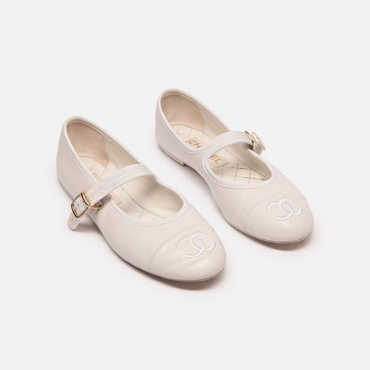 Chanel White Mary Janes Gold Buckle