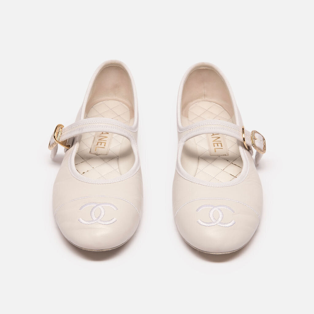 Chanel White Mary Janes Gold Buckle