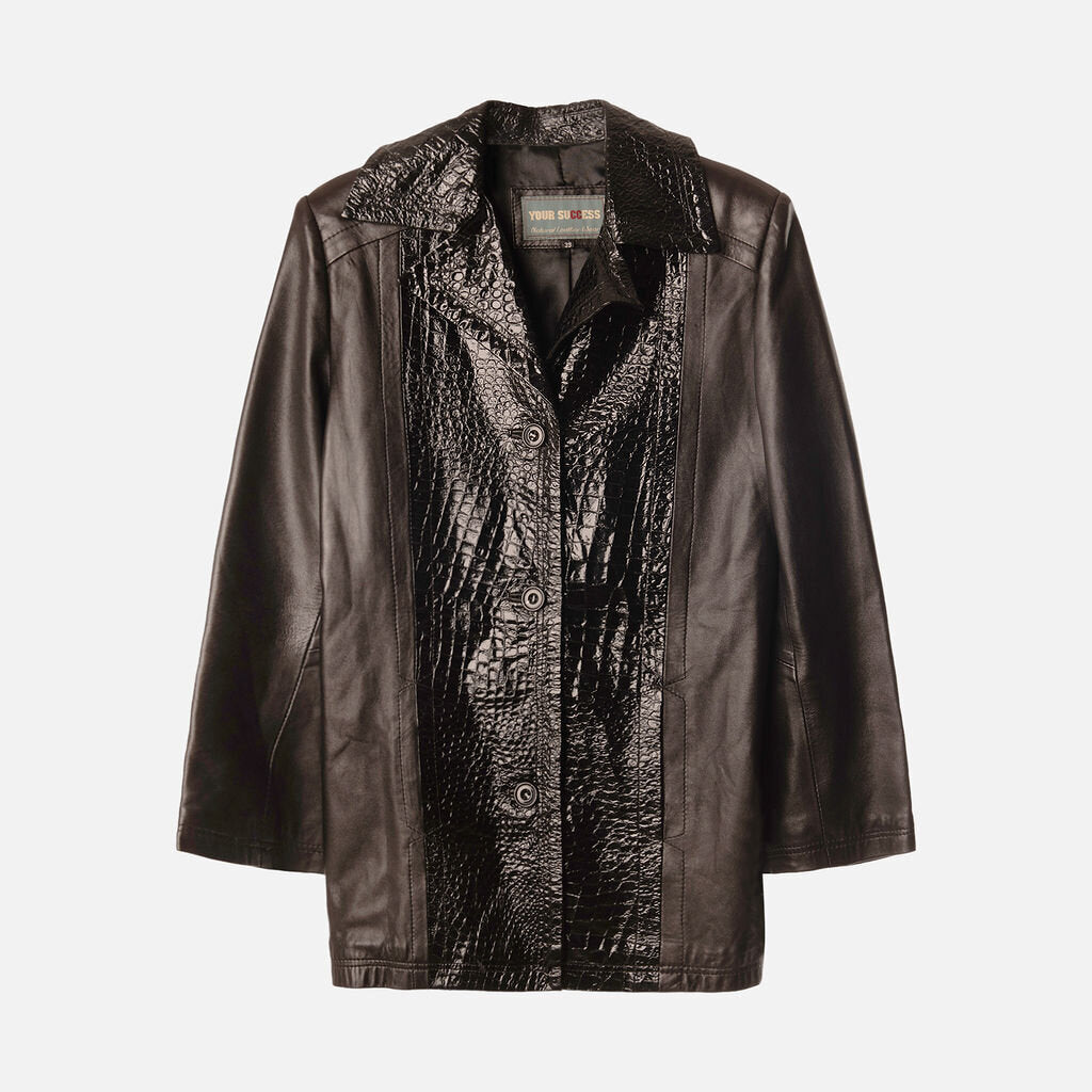 Your Success Black Leather Jacket With Embossed Panels