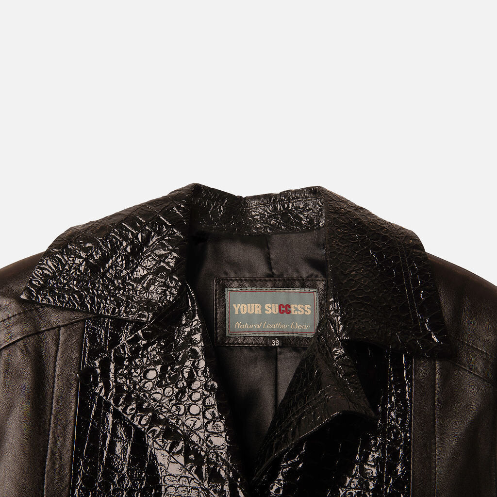 Your Success Black Leather Jacket With Embossed Panels
