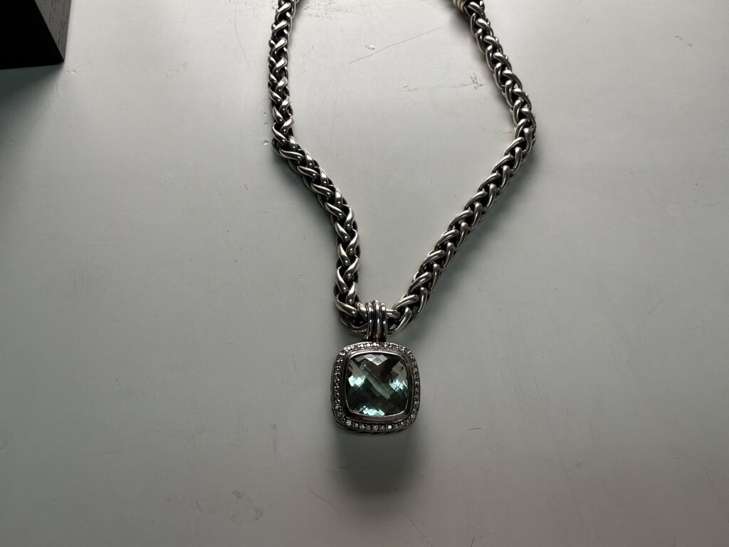 SS Albion Prasiolite and Diamond Enhancer on heavy Wheat Chain with Diamond Clasp