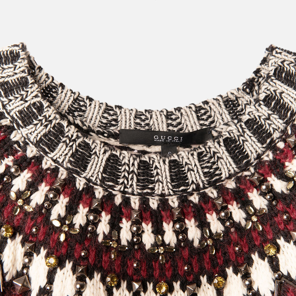Gucci Cream & Red Embellished Knit Sweater