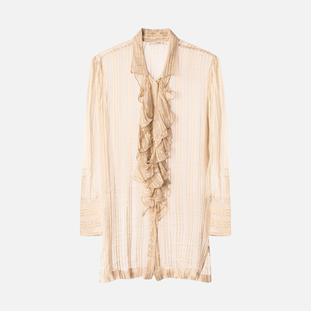 Etro Gold Ruffle Front Silk Striped Blouse