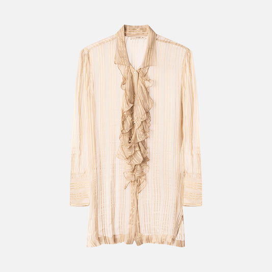 Etro Gold Ruffle Front Silk Striped Blouse