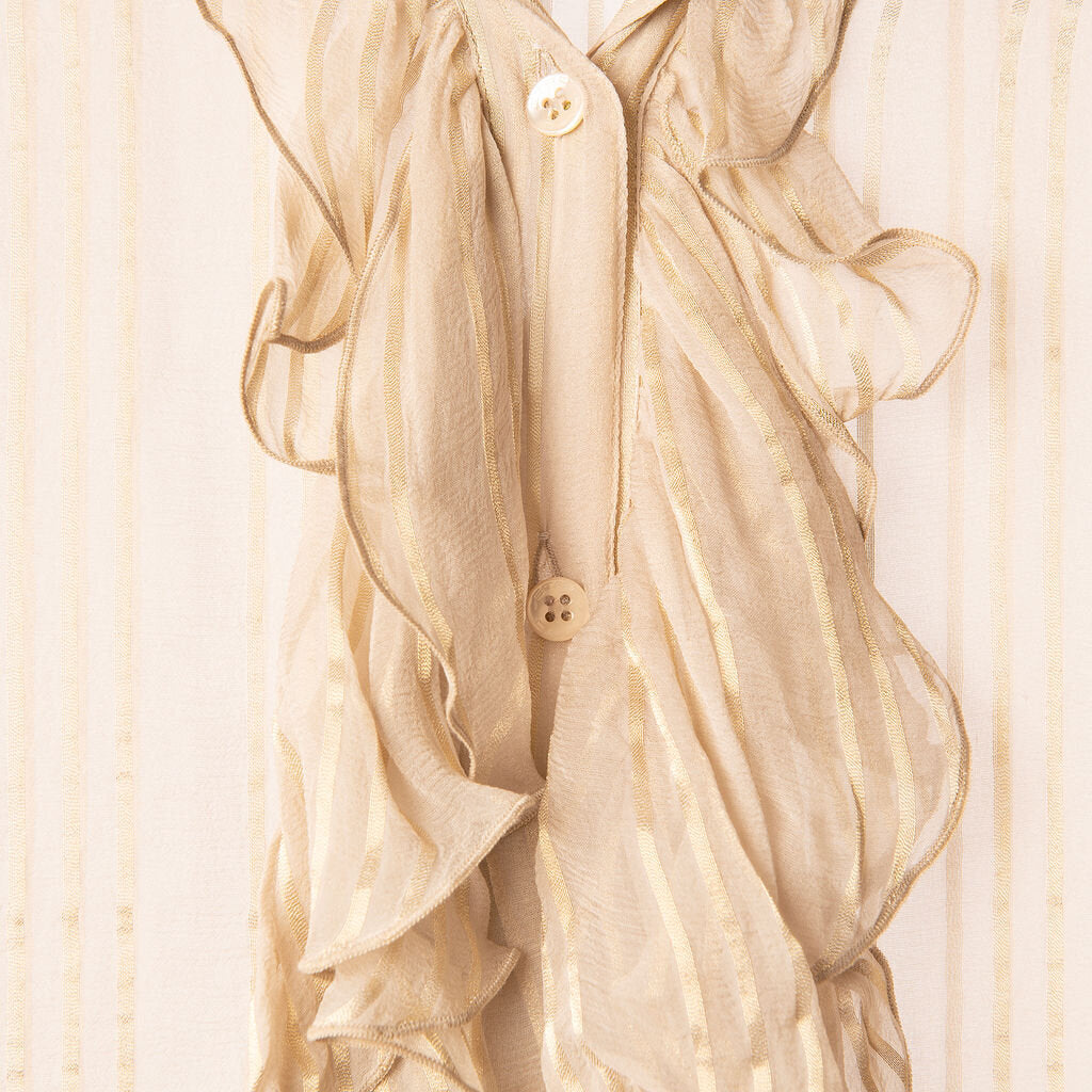 Etro Gold Ruffle Front Silk Striped Blouse