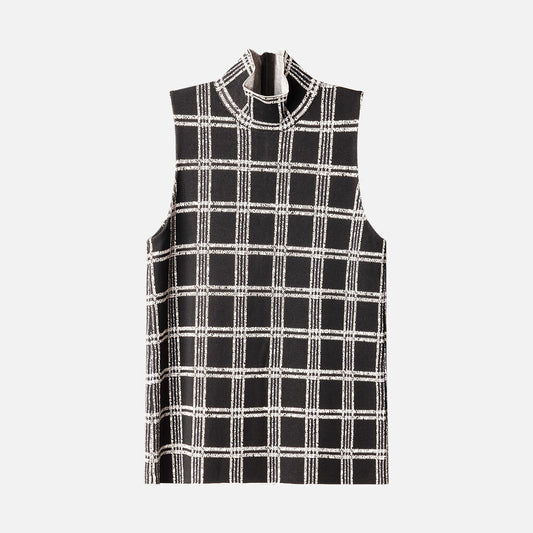 Black/White Viscose Sleeveless Mock Neck Top