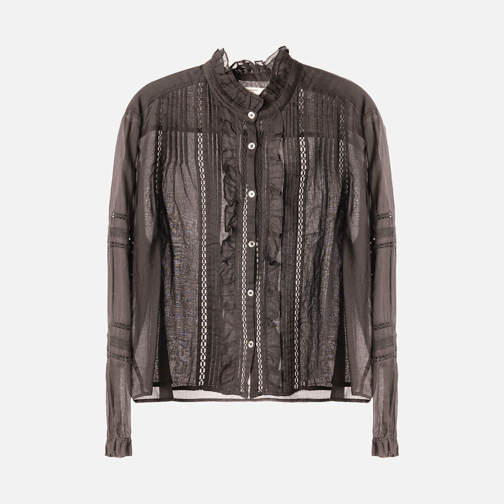 Isabel Marant Etoile Black Cotton Ruffle Button Up Top