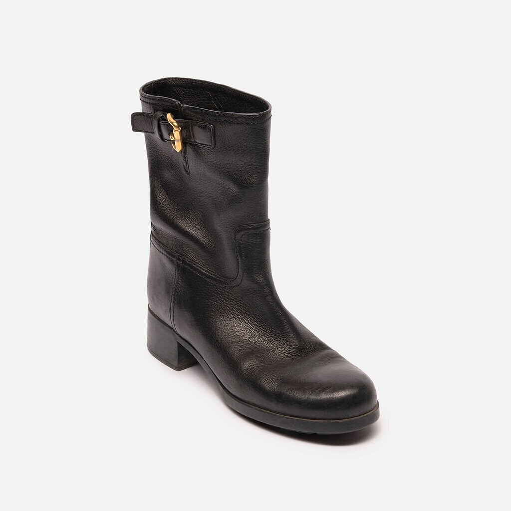 Prada Black Leather Mid Calf Boot