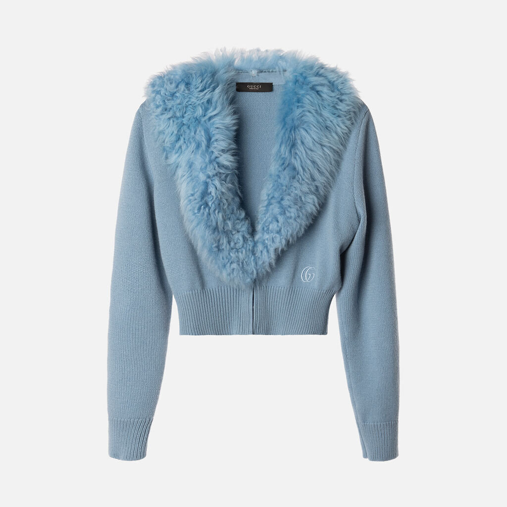 Gucci Blue Wool and Cashmere Cardigan With Shearling Collar